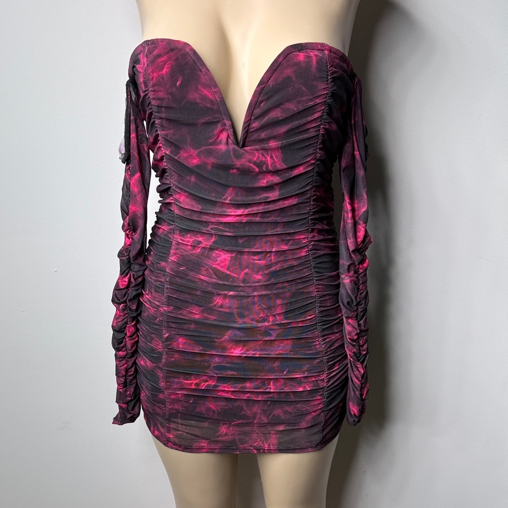 POSTER GIRL Ruched Off-Shoulder Mini Dress in Hot Pink and Black Marble